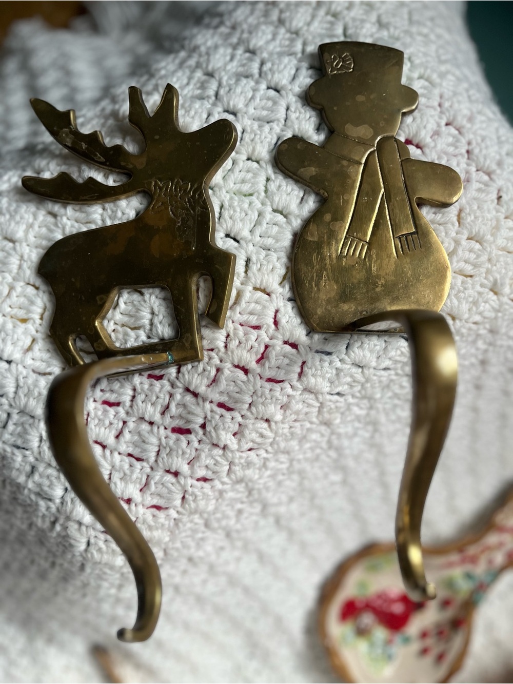 Brass Reindeer & Snowman Stocking Hook Set - Gold
